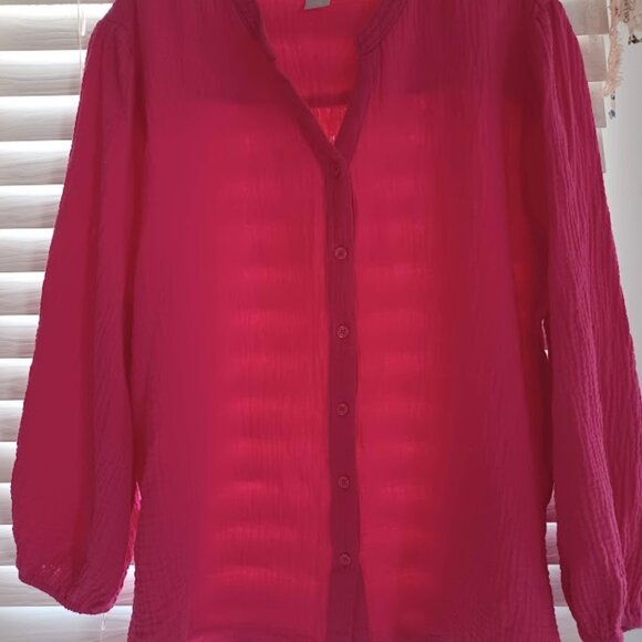 Chico’s Size 4 (20/22) Pink Crinkle Gauze 100% Cotton Button Front Blouse Top - Picture 4 of 6